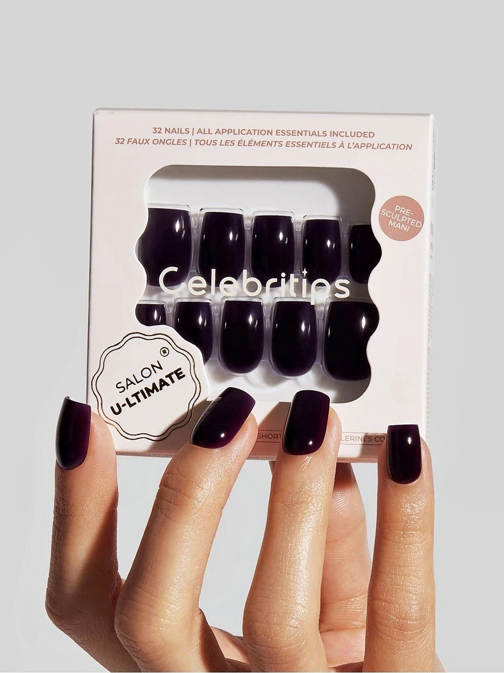 Celebritips Dark After Short Coffin Press-On Nails Glossy Plum NIB